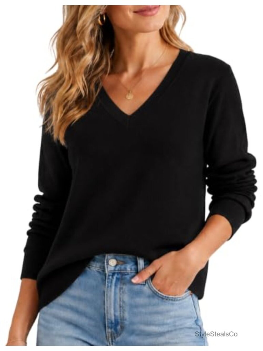 Womens V Neck Sweater Lightweight Knit Pullover Long Sleeve Top